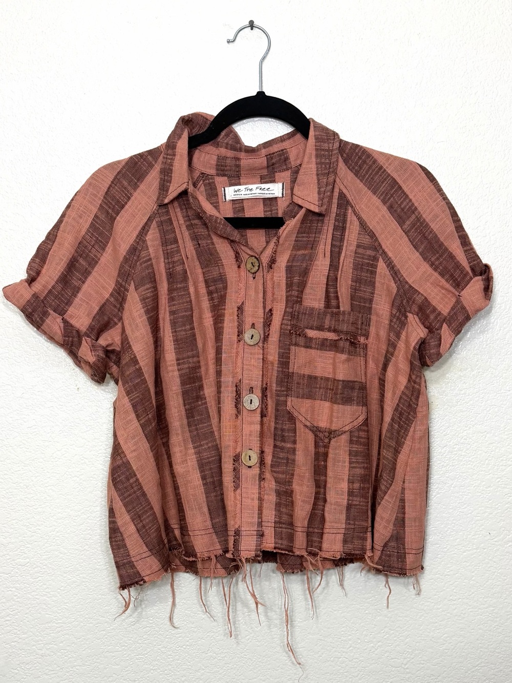 Free People Away At Sea Top Button Down Striped Raw Hem Linen Blend Size M